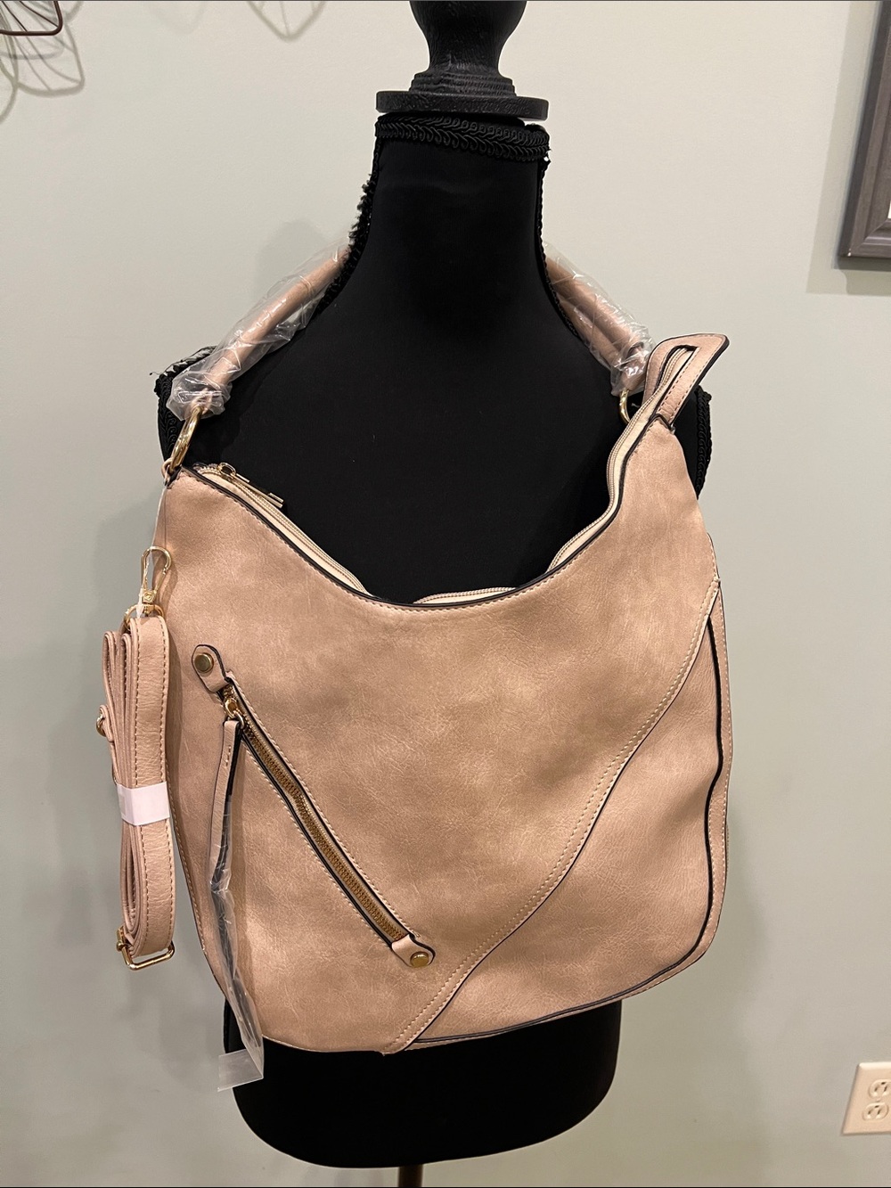 Apricot with Leopard Trim Hobo Shoulder Bag with Front Zip Pocket